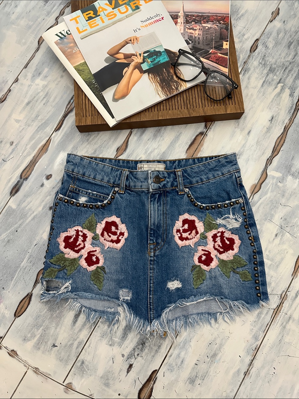 Free People Blue Denim Floral Embroidered Jean Skirt